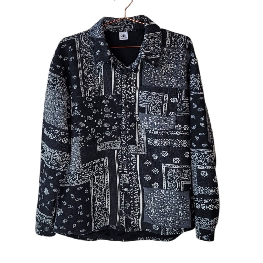 ZARA L Black White Bandana Handkerchief Print Shirt Jacket Men